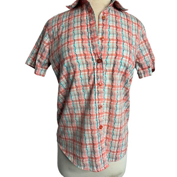 Adrian Delafield blouse medium plaid flowers short sleeve pocket collar - Picture 3 of 11